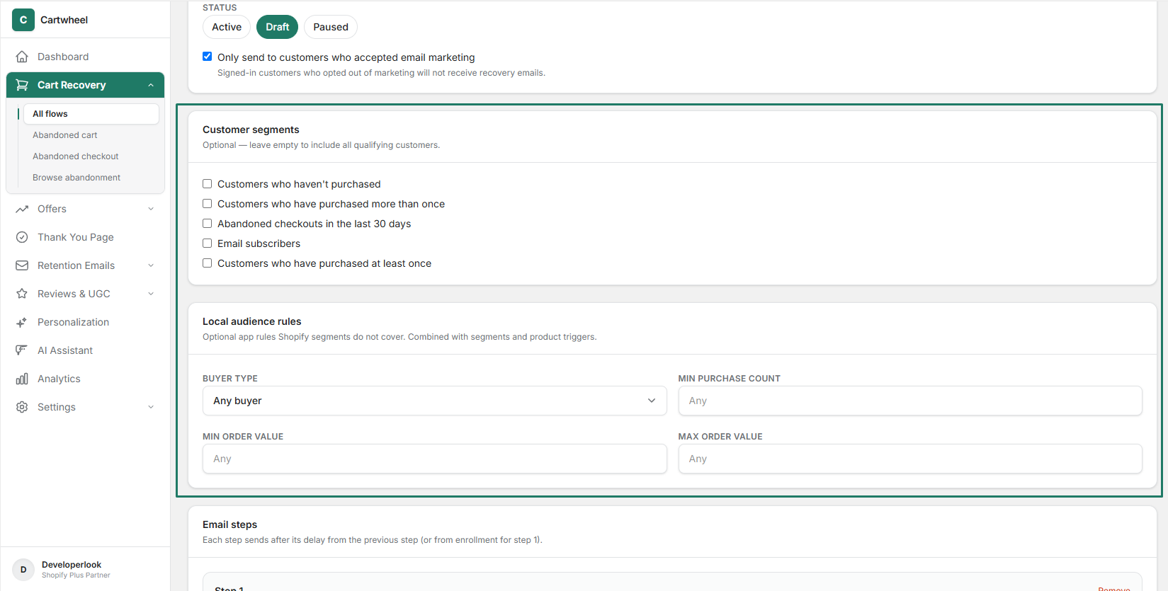 Configuring recovery flow trigger conditions