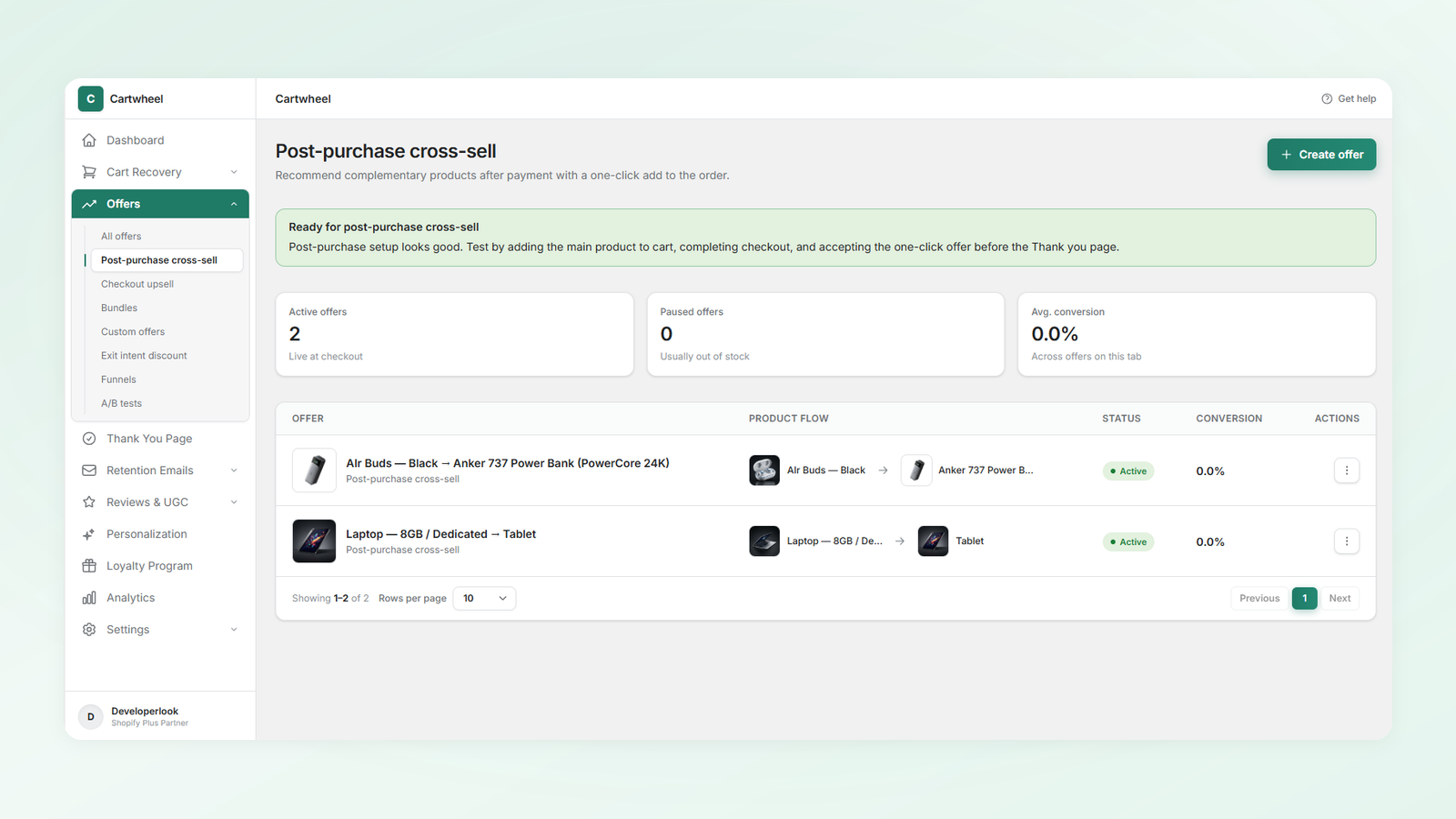 Cartwheel campaign preview showing live offer card on the Shopify thank-you page