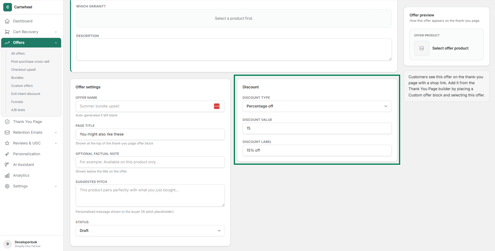 Discount settings for thank you page offers