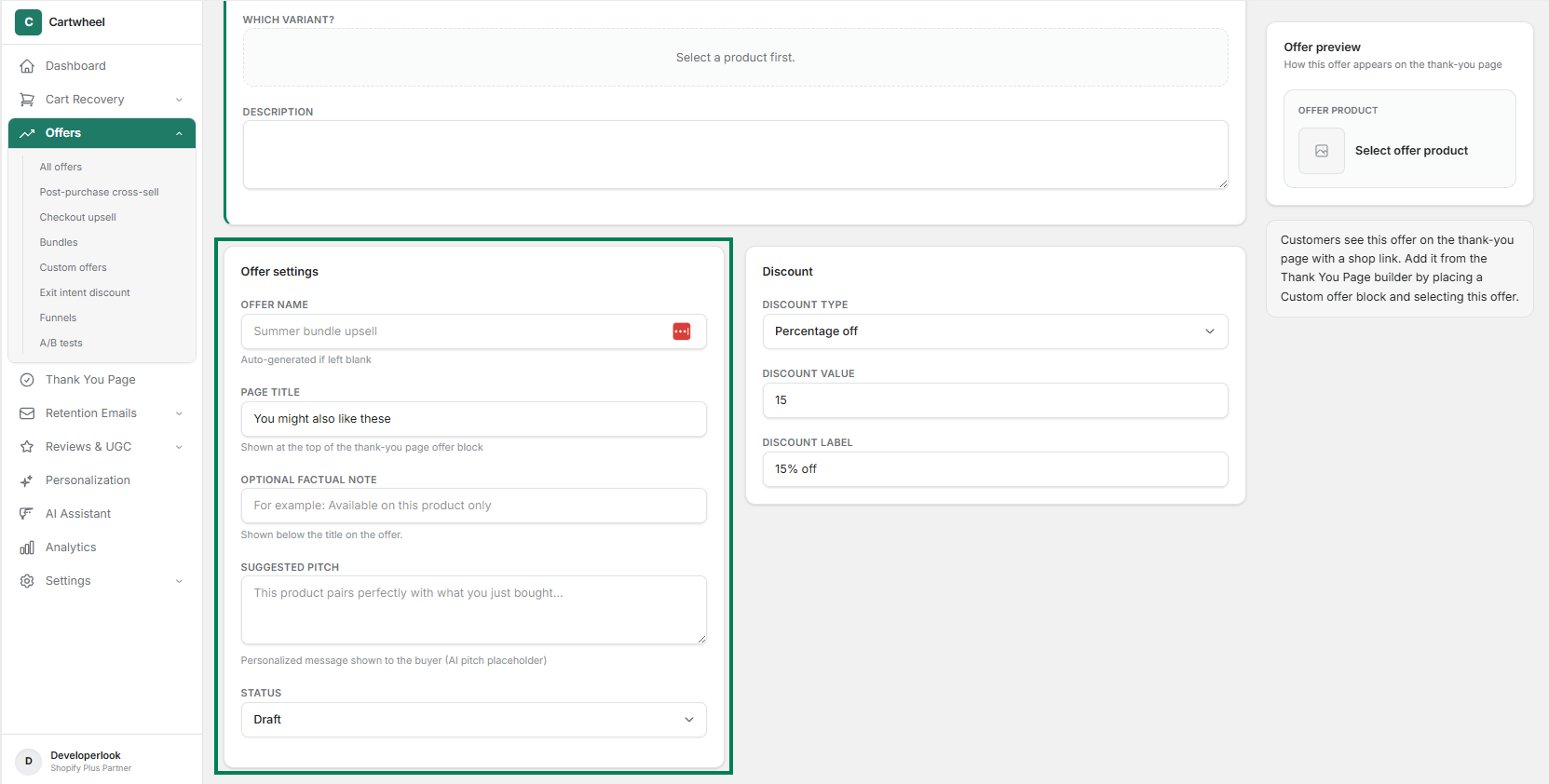 Configuring custom offer settings and content