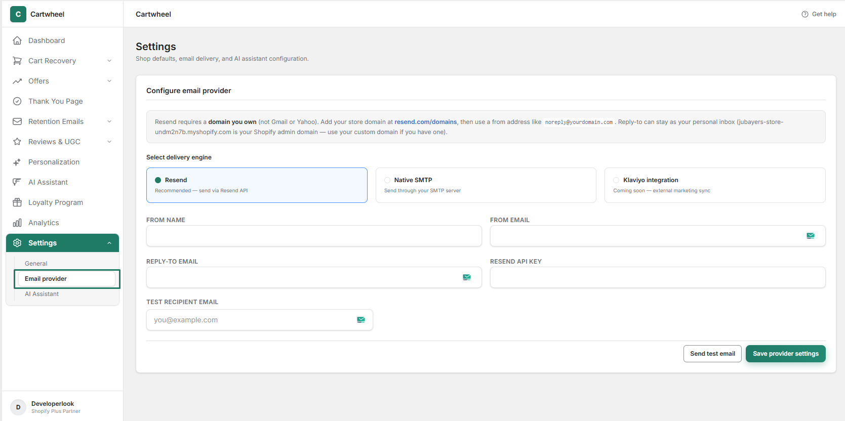Email provider settings with Resend and SMTP configurations