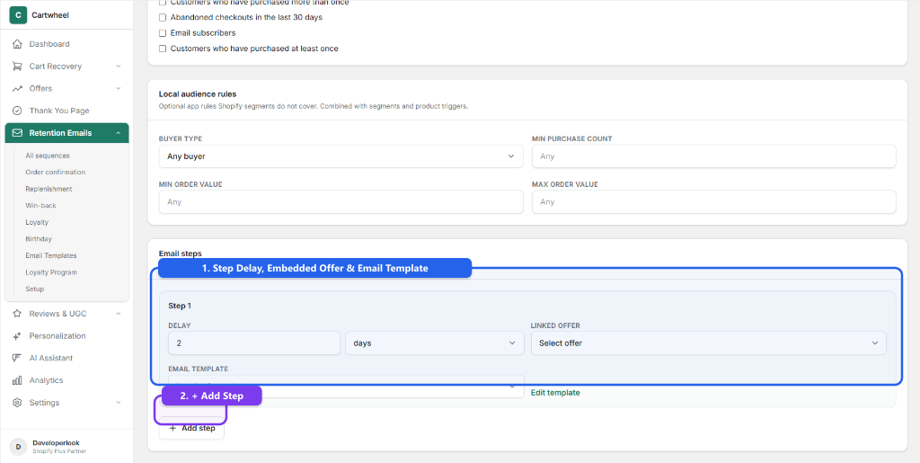 Loyalty email sequence step builder with delay settings