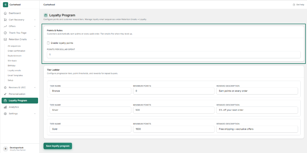 Loyalty points earning rules configuration