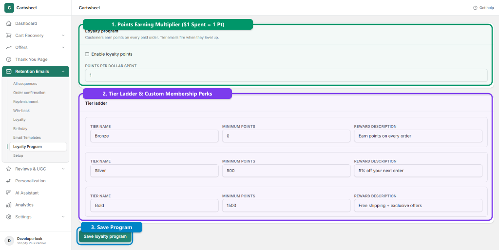 Loyalty program settings and customer metafields sync