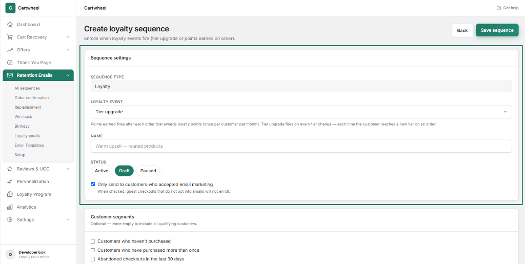 Create loyalty sequence settings panel with sequence name, trigger event, active/draft status, and marketing consent toggle