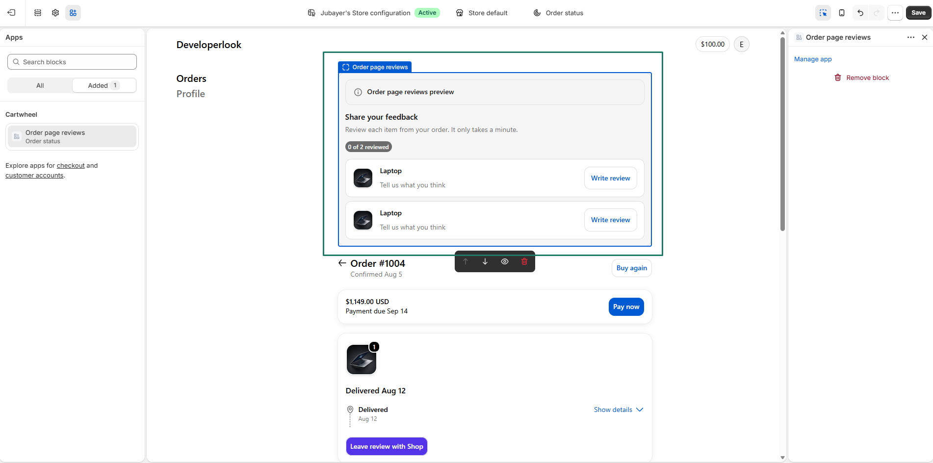 Post-purchase review and feedback collection block