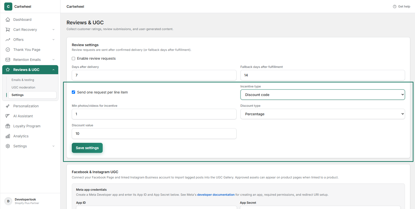 Review incentive discount reward settings