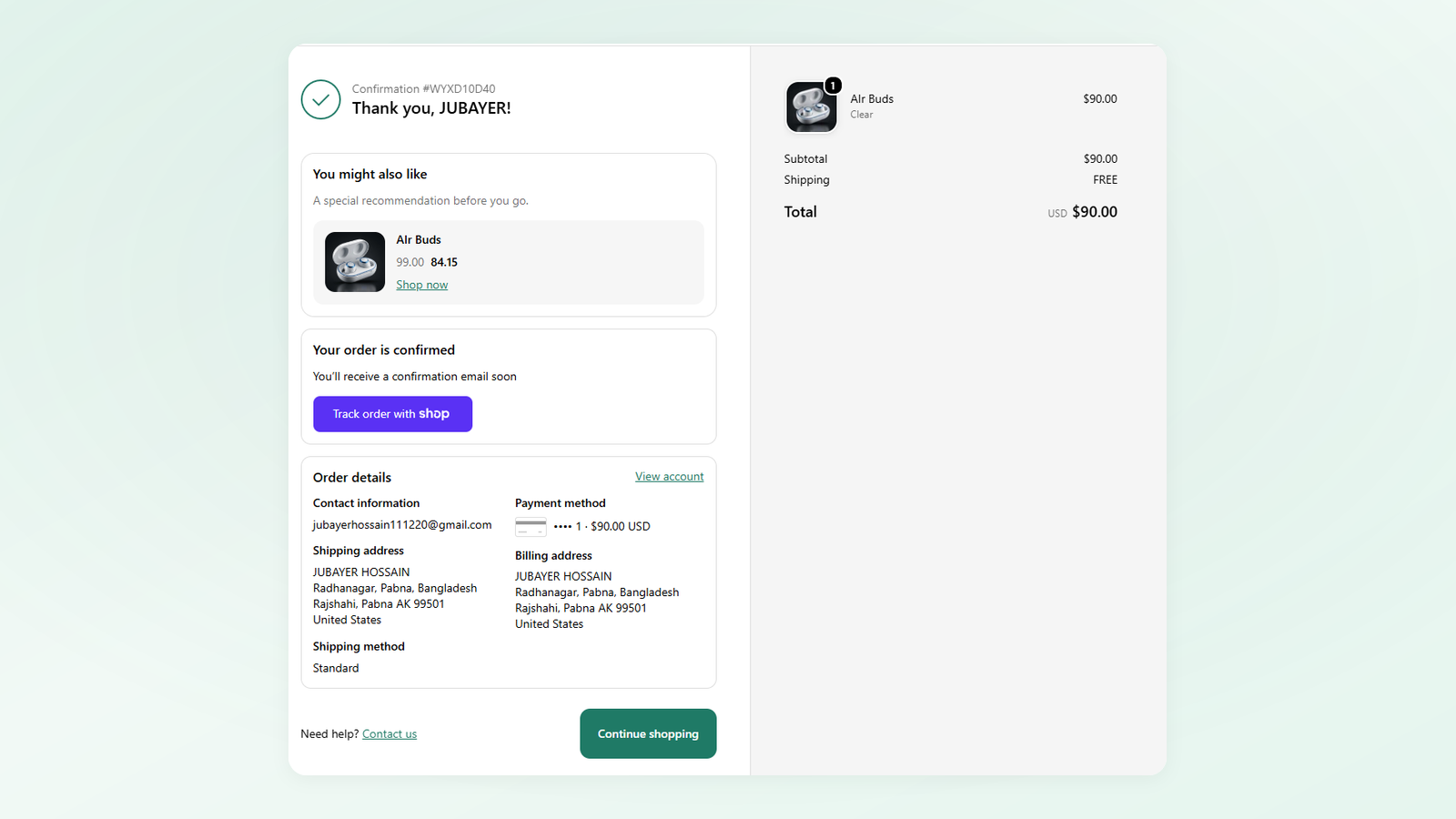 Thank-you page with one-click post-purchase upsell offer